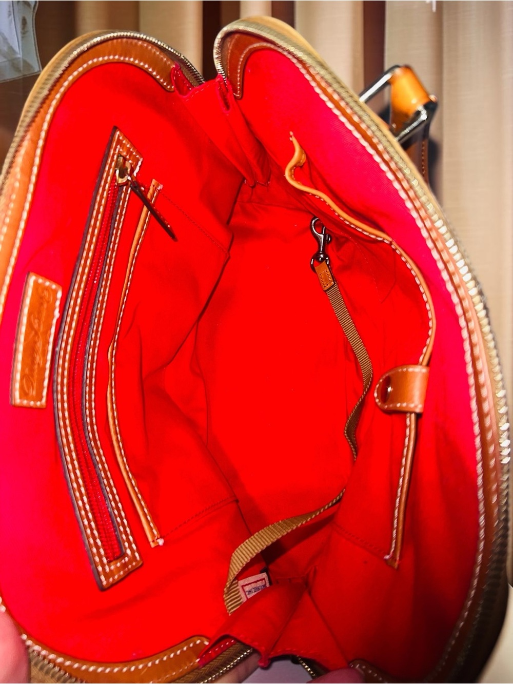 Title:Dooney & Bourke Pebble Grain Zip Zip Satchel Tan Brown Dome Bag - Picture 13 of 17